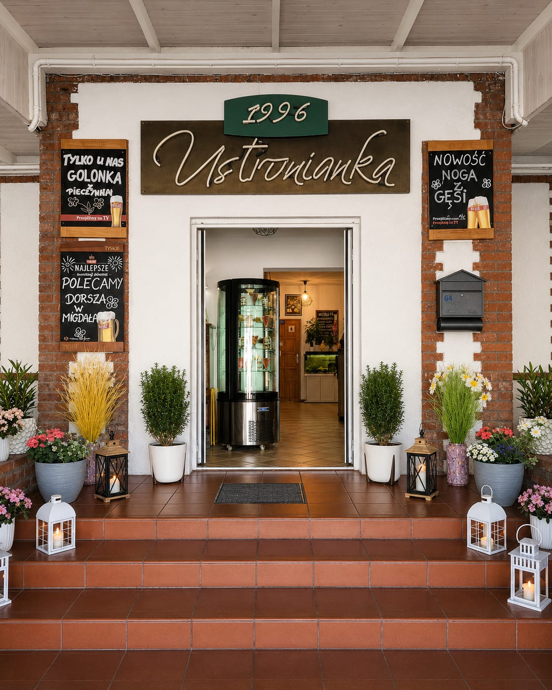 Wejście do Ustronianki z szyldem 1996, tablicami z daniami dnia, kwiatami i lampionami